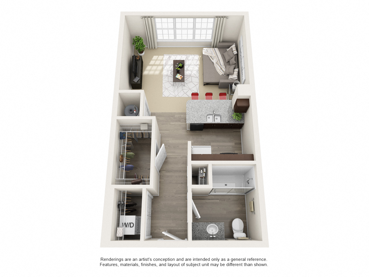 Floor plan for studio, 1 bath, 612 sqft
